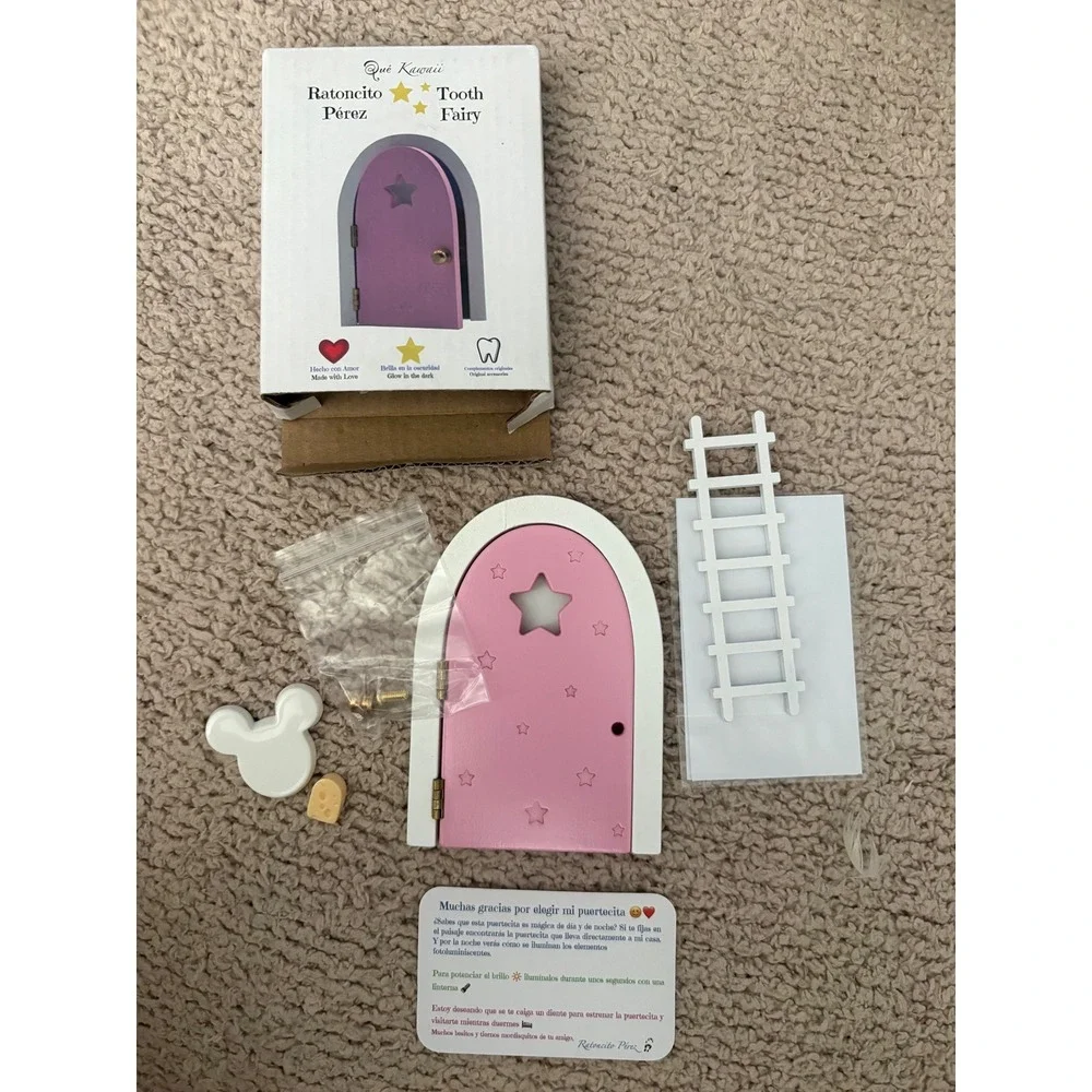 Que Kawaii Ratoncito Perez Tooth Fairy Door Set Pink Glow in the Dark w/ Ladder